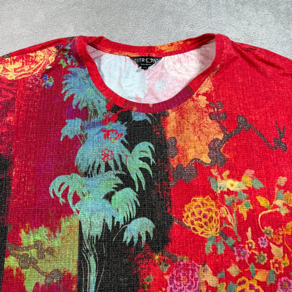Citron Santa Monica Top Womens 0X Red Floral Asian Art Print Short Sleeve - Picture 2 of 9